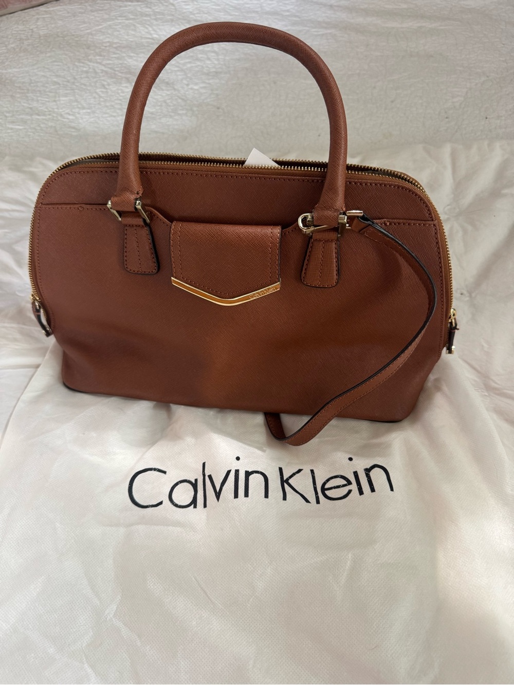 NWT Calvin Klein Cognac Brown Leather Satchel with Gold-Tone Hardware
